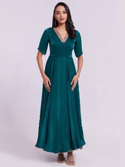 Odette - Teal Organza Solid Stitched Gown for Women