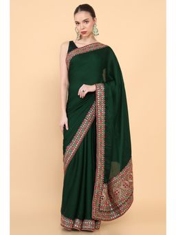 Soch - Women Green Cotton Silk Solid/Plain Saree with Unstitched Blouse