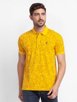 Spykar - Sulphur Yellow Cotton Half Sleeve Printed Casual Polo T-Shirt for Men
