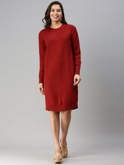 SHOWOFF - Women's Knee Length Solid Maroon Round Neck Bodycon Dress