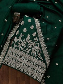Koskii - Bottle Green Silver Zariwork Raw Silk Unstitched Salwar Suit (Set of Three)
