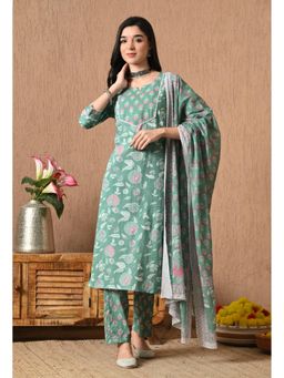 Gahan - Women Floral Printed Notch Neck Pure Cotton Straight Kurta With Pant And Dupatta