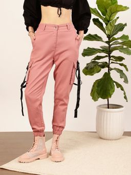 STREET 9 - Women Rose Pink Twill Solid Joggers