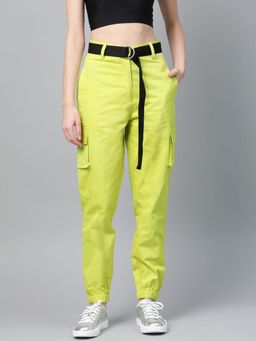 STREET 9 - Women Green Solid Twill Joggers with Belt