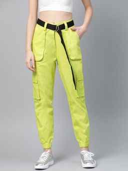 STREET 9 - Women Green Solid Twill Joggers with Belt
