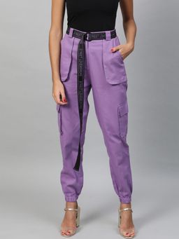 STREET 9 - Women Purple Solid Twill Joggers with Belt