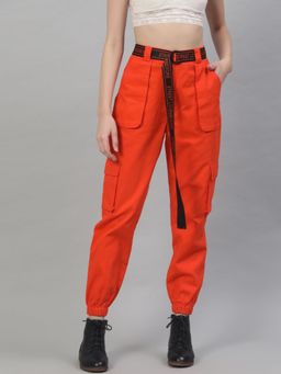 STREET 9 - Women Orange Solid Twill Cargo Pocket Joggers with Belt
