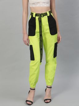 STREET 9 - Women Green Solid Twill Cargo Pocket Joggers with Belt