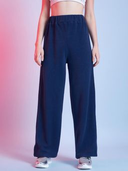STREET 9 - Women Navy Blue Solid Polyester Trouser