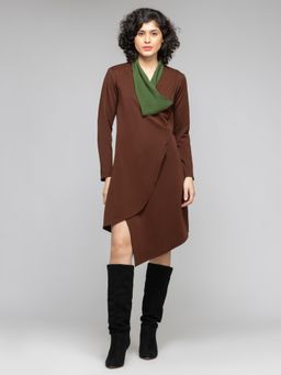 SHAYE - Brown Shawl Collar Solid Long Sleeves Casual Dress for Women
