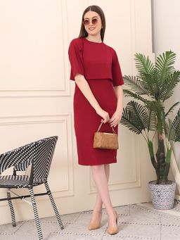 Exude - Red Resilient Radiance Knee Length Flare Dress With Sleeves
