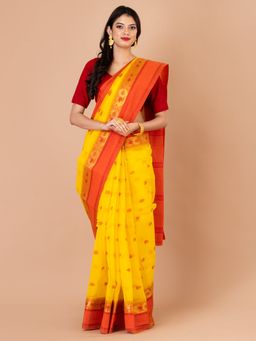 LAA CALCUTTA - Yellow and Red Pure Cotton Tant Saree