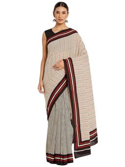 Fabindia - Cotton Bagru Print Sari (Beige)