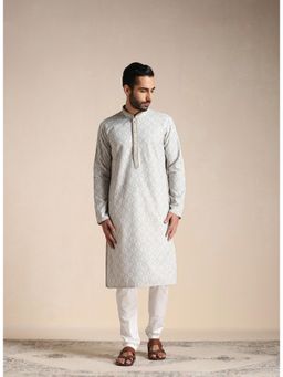 Manyavar - Mens White Blended Cotton Embroidered Kurta Pyjama (Set of 2)