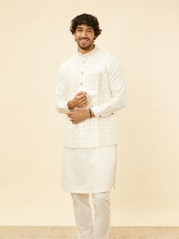 Manyavar - Mens Off White Art Silk Self Design Jacket