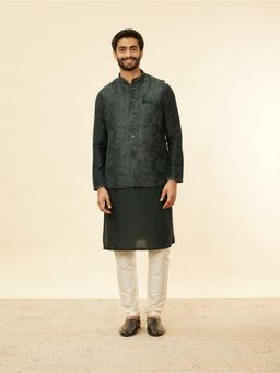 Manyavar - Mens Green Blended Rayon Printed Kurta Pyjama Jacket (Set of 3)