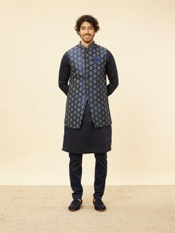 Manyavar - Mens Blue Art Silk Printed Kurta Pyjama Jacket (Set of 3)