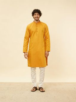 Manyavar - Mens Mustard Blended Cotton Solid Kurta