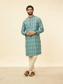 Manyavar - Mens Teal Blended Cotton Embellished Kurta