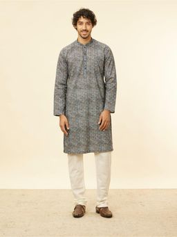 Manyavar - Mens Blue Cotton Printed Kurta