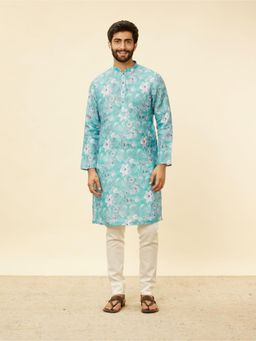 Manyavar - Mens Blue Blended Viscose Printed Kurta