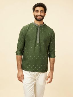 Manyavar - Mens Green Blended Viscose Self Design Short Kurta