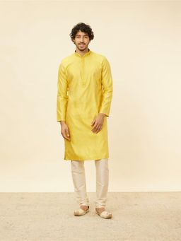 Manyavar - Mens Mustard Blended Viscose Woven Kurta Pyjama (Set of 2)