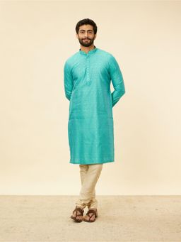 Manyavar - Mens Blue Blended Viscose Woven Kurta Pyjama (Set of 2)