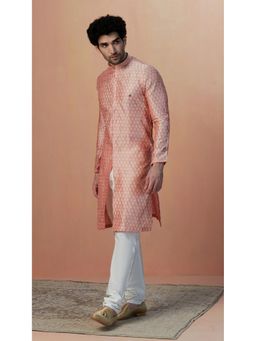Manyavar - Mens Peach Art Silk Woven Kurta Churidar (Set of 2)