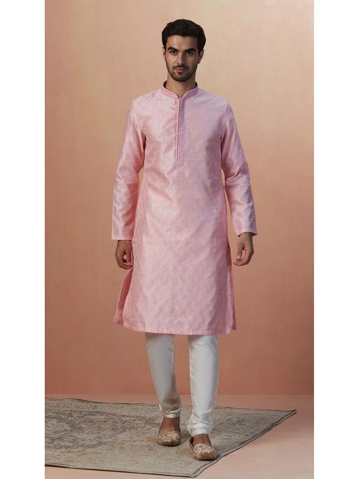 Manyavar Mens Pink Art Silk Paisley Kurta Pyjama (Set of 2)