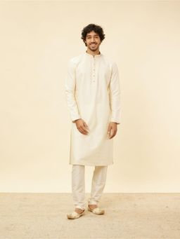 Manyavar - Mens Cream Blended Viscose Embroidered Kurta Pyjama (Set of 2)