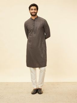 Manyavar - Mens Grey Viscose Embroidered Kurta Pyjama (Set of 2)
