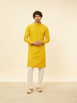 Manyavar - Mens Mustard Viscose Embroidered Kurta Pyjama (Set of 2)