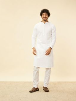 Manyavar - Mens White Blended Cotton Embroidered Kurta Pyjama (Set of 2)
