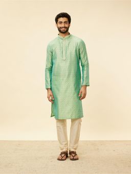 Manyavar - Mens Green Art Silk Woven Kurta Pyjama (Set of 2)