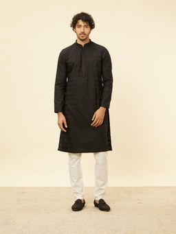 Manyavar - Mens Black Cotton Stripes Kurta Pyjama (Set of 2)