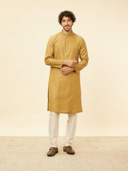 Manyavar - Mens Mustard Satin Printed Kurta Pyjama (Set of 2)