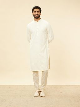 Manyavar - Mens Off White Viscose Embroidered Kurta Pyjama (Set of 2)