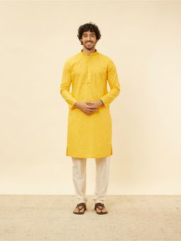 Manyavar - Mens Mustard Cotton Woven Kurta Pyjama (Set of 2)