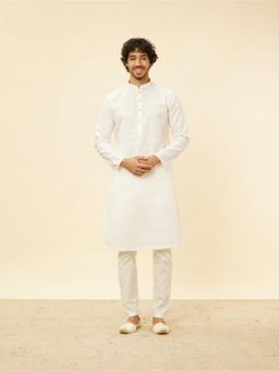Manyavar - Mens Off White Blended Cotton Woven Kurta Pyjama (Set of 2)