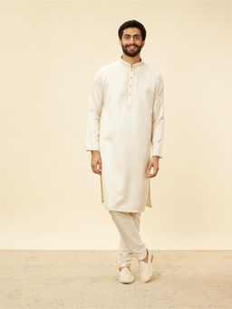 Manyavar - Mens Cream Satin Woven Kurta Pyjama (Set of 2)
