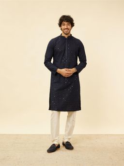 Manyavar - Mens Blue Blended Cotton Embroidered Kurta Pyjama (Set of 2)