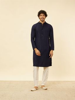 Manyavar - Mens Blue Viscose Embroidered Kurta Pyjama (Set of 2)