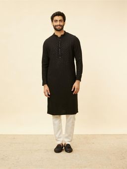 Manyavar - Mens Black Viscose Embroidered Kurta Pyjama (Set of 2)