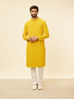 Manyavar - Mens Mustard Viscose Embroidered Kurta Pyjama (Set of 2)