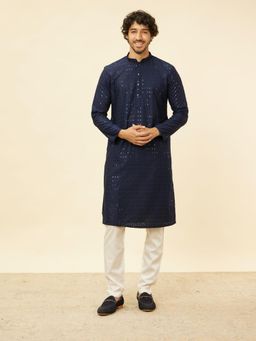 Manyavar - Mens Blue Blended Cotton Embroidered Kurta Pyjama (Set of 2)