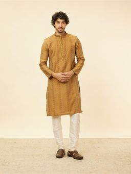 Manyavar - Mens Mustard Blended Cotton Woven Kurta Pyjama (Set of 2)