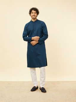 Manyavar - Mens Blue Cotton Checks Kurta Pyjama (Set of 2)