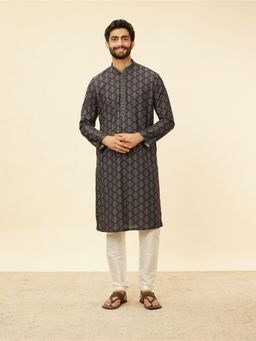 Manyavar - Mens Black Blended Viscose Printed Kurta Pyjama (Set of 2)
