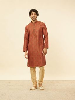 Manyavar - Mens Rust Blended Viscose Printed Kurta Churidar (Set of 2)